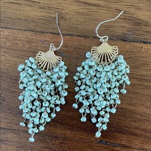 Gold Fan Dangle Earrings with Light Blue Bead Fringe